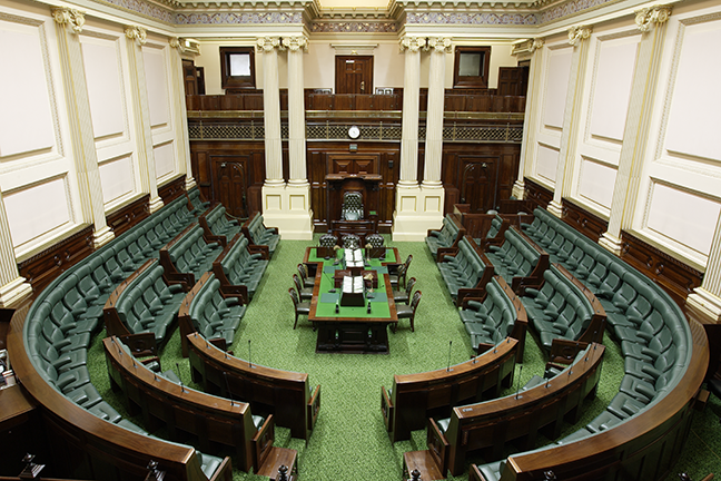 Image source: Parliament of Victoria 2022 Photo of an empty Victorian Legislative Assembly Chamber.